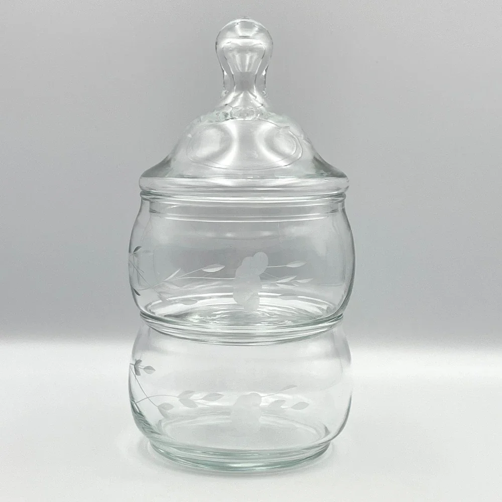 Vintage 1980s Princess House‎ Heritage 2 Tier Candy Jar Etched Glass Lid Floral